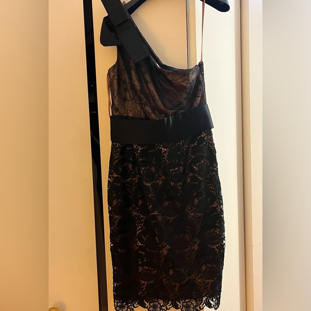 Stunning NYE look one-shoulder black lace Jovani cocktail dress